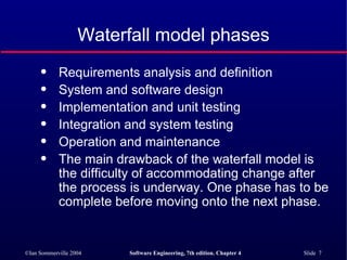 Waterfall model phases Requirements analysis and definition System and software design Implementation and unit testing Integration and system testing Operation and maintenance The main drawback of the waterfall model is the difficulty of accommodating change after the process is underway. One phase has to be complete before moving onto the next phase. 