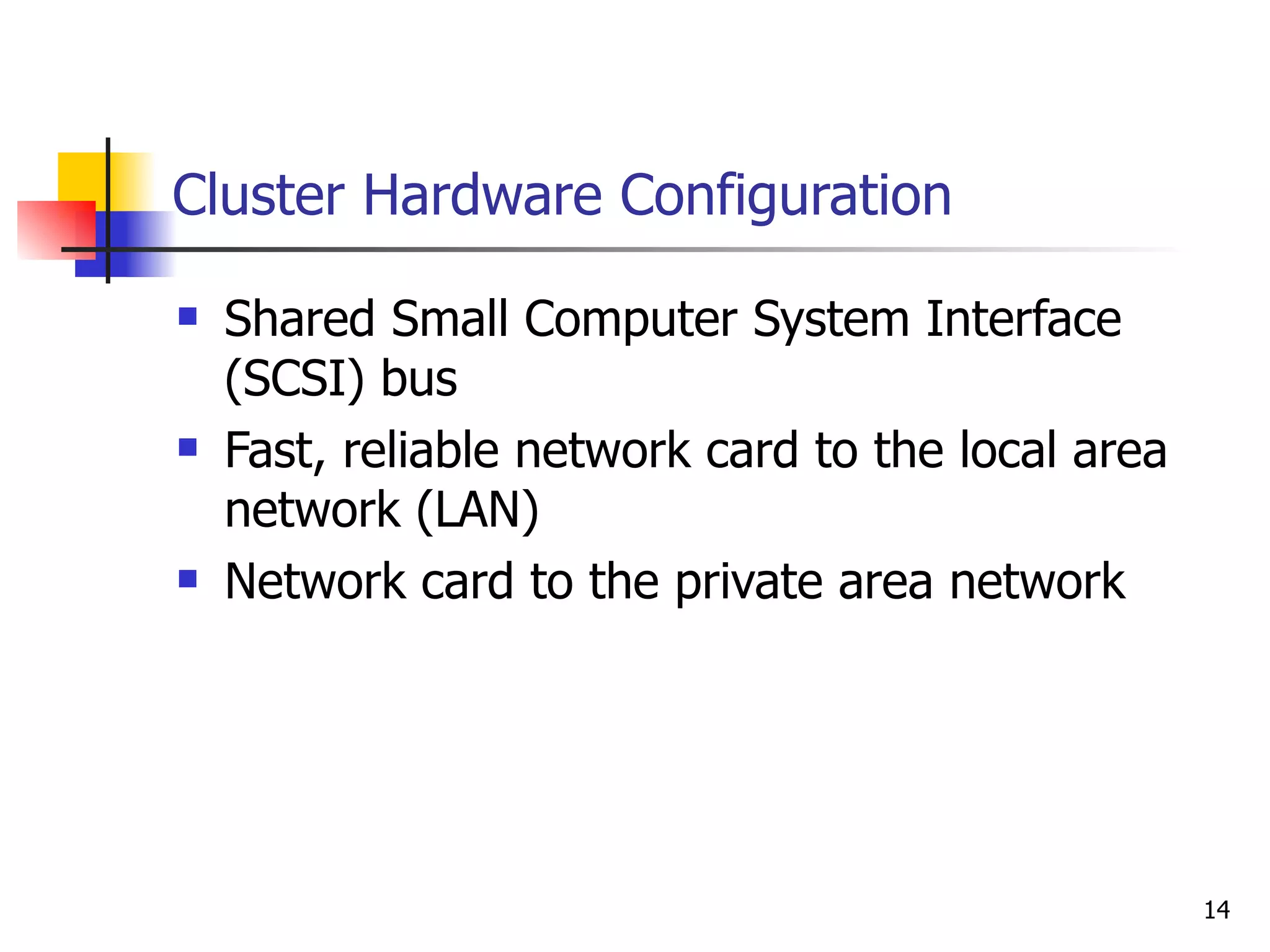 Cluster Hardware Configuration Shared Small Computer System Interface (SCSI) bus Fast, reliable network card to the local area network (LAN) Network card to the private area network 