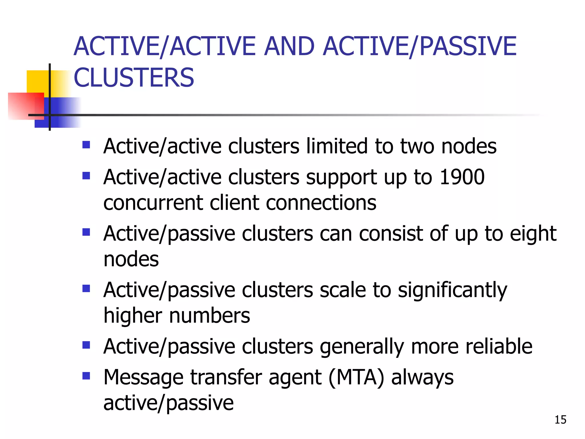 ACTIVE/ACTIVE AND ACTIVE/PASSIVE CLUSTERS Active/active clusters limited to two nodes Active/active clusters support up to 1900 concurrent client connections  Active/passive clusters can consist of up to eight nodes Active/passive clusters scale to significantly higher numbers Active/passive clusters generally more reliable  Message transfer agent (MTA) always active/passive 