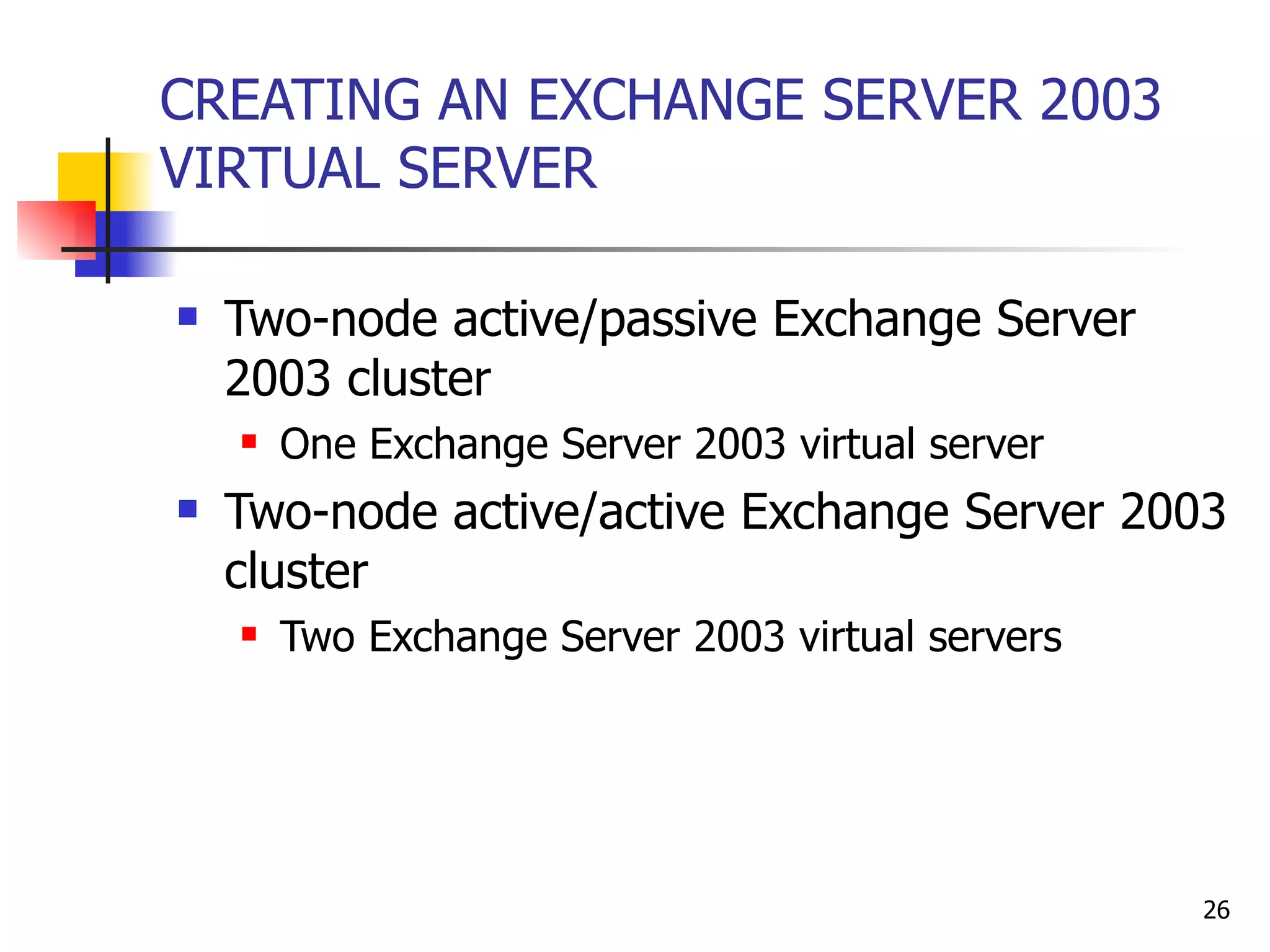 CREATING AN EXCHANGE SERVER 2003 VIRTUAL SERVER Two-node active/passive Exchange Server 2003 cluster One Exchange Server 2003 virtual server Two-node active/active Exchange Server 2003 cluster Two Exchange Server 2003 virtual servers 