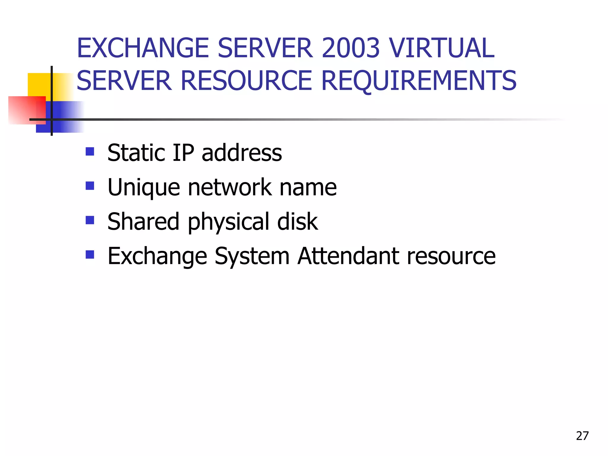 EXCHANGE SERVER 2003 VIRTUAL SERVER RESOURCE REQUIREMENTS Static IP address Unique network name Shared physical disk Exchange System Attendant resource 
