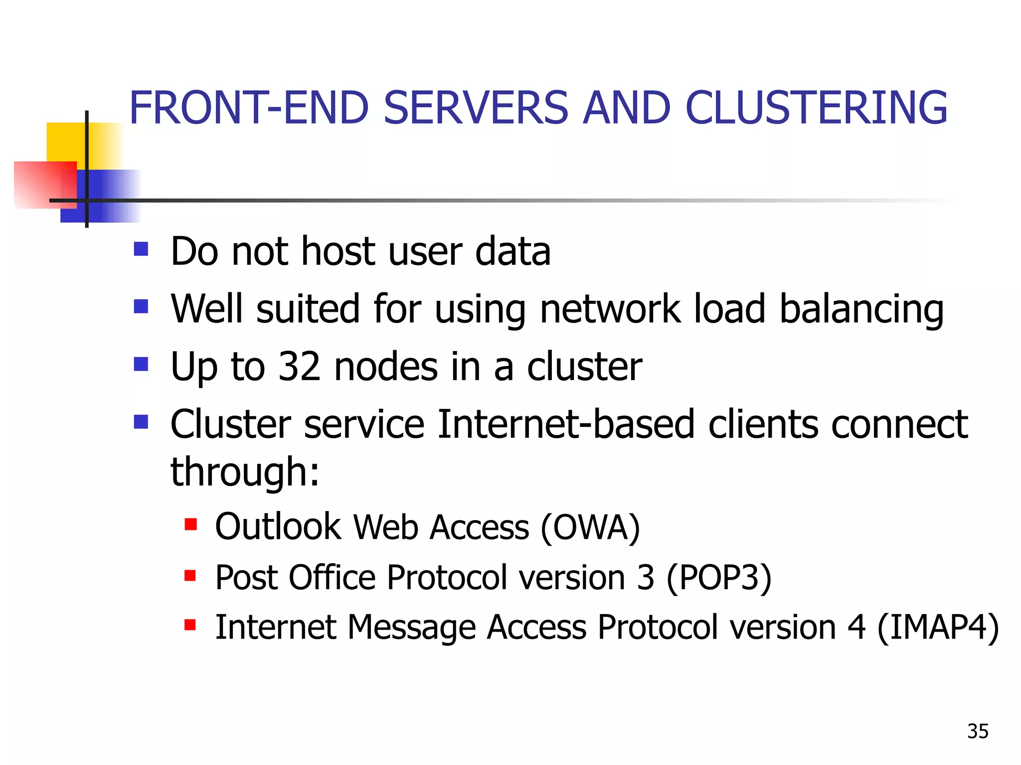 FRONT-END SERVERS AND CLUSTERING Do not host user data Well suited for using network load balancing Up to 32 nodes in a cluster  Cluster service Internet-based clients connect through: Outlook  Web Access (OWA) Post Office Protocol version 3 (POP3) Internet Message Access Protocol version 4 (IMAP4) 