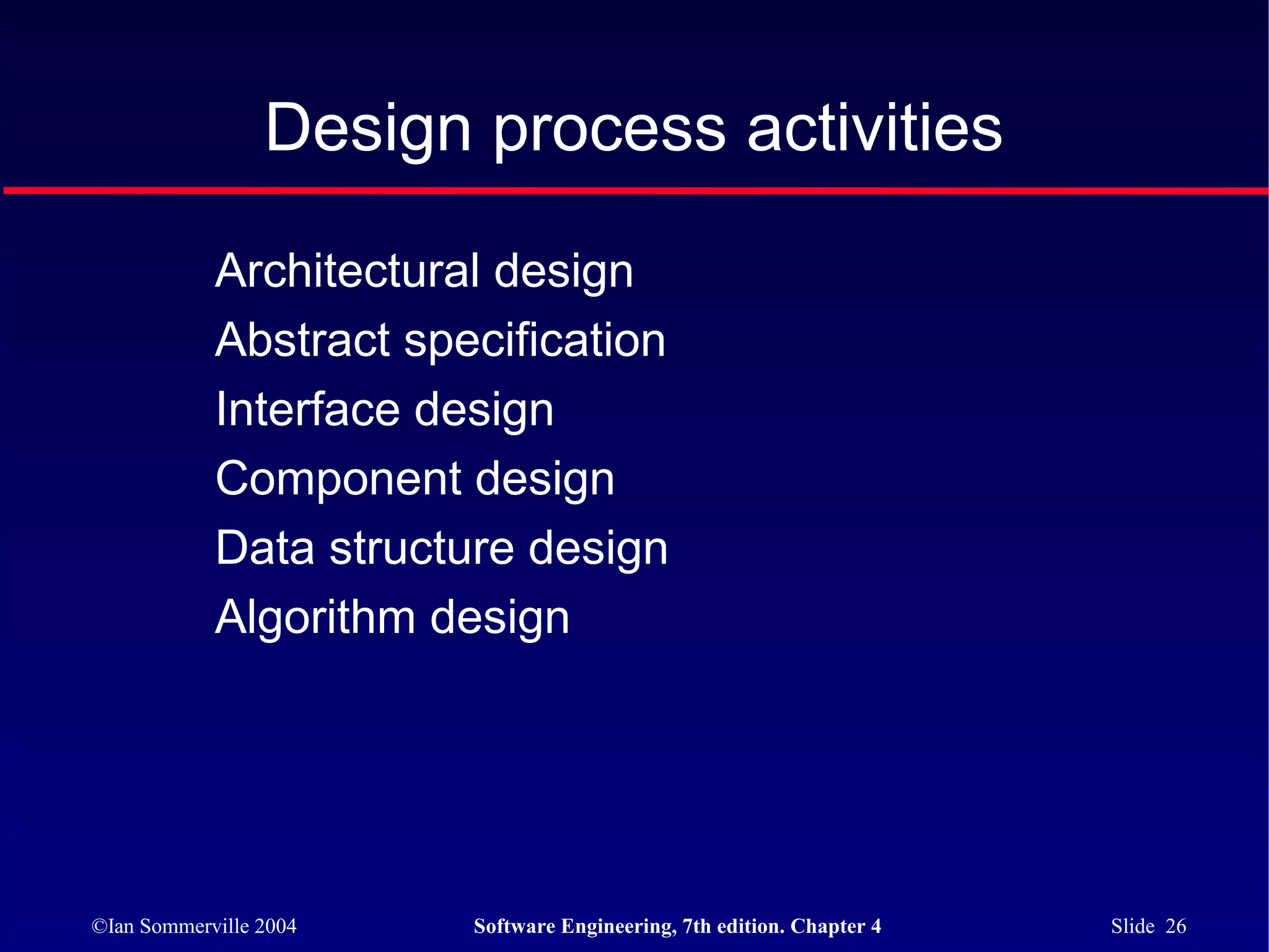 Design process activities

            Architectural design
            Abstract specification
            Interface design
            Component design
            Data structure design
            Algorithm design




©Ian Sommerville 2004   Software Engineering, 7th edition. Chapter 4   Slide 26
 