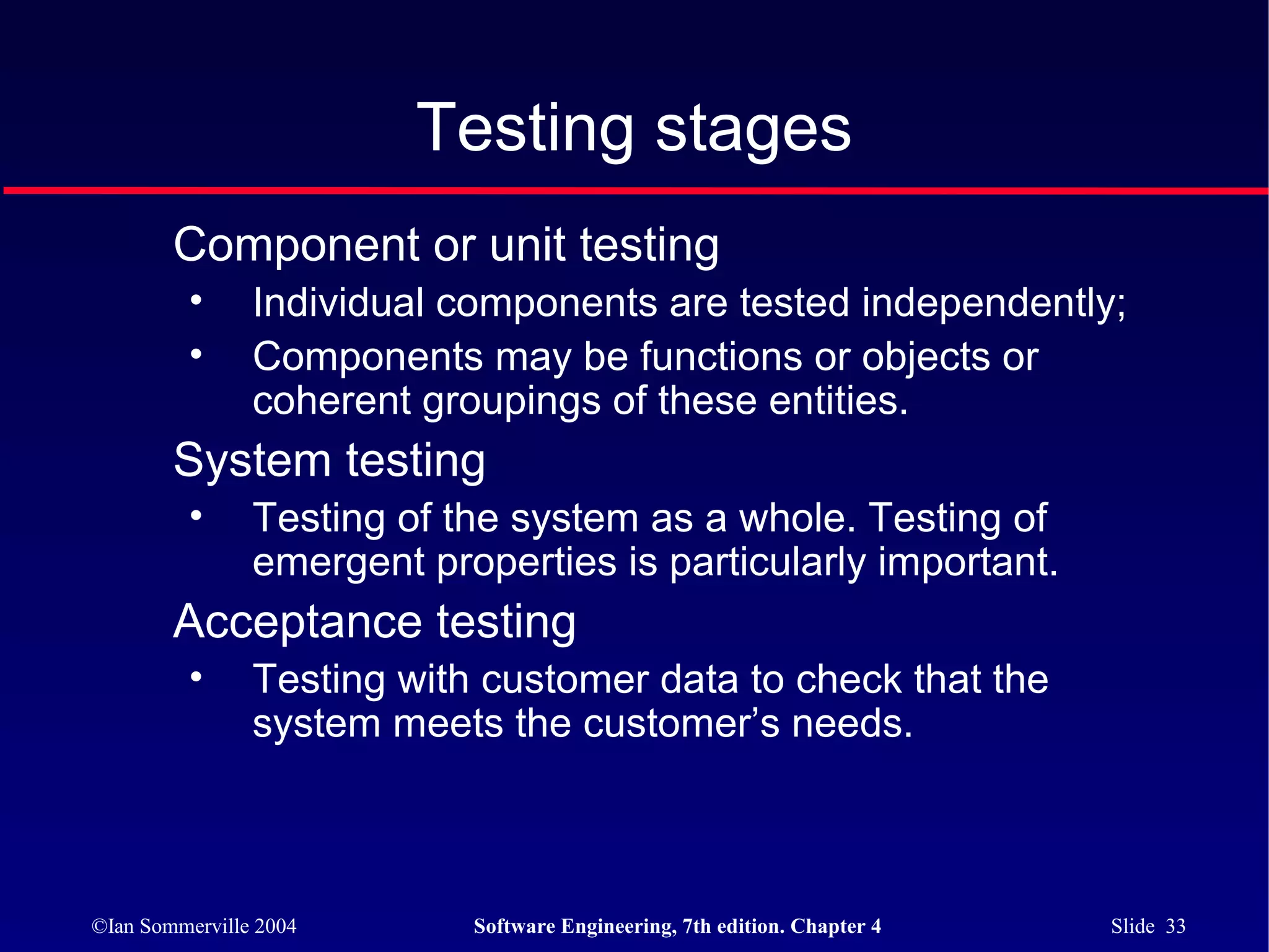 Testing stages
        Component or unit testing
         •      Individual components are tested independently;
         •      Components may be functions or objects or
                coherent groupings of these entities.
        System testing
         •      Testing of the system as a whole. Testing of
                emergent properties is particularly important.
        Acceptance testing
         •      Testing with customer data to check that the
                system meets the customer’s needs.



©Ian Sommerville 2004       Software Engineering, 7th edition. Chapter 4   Slide 33
 