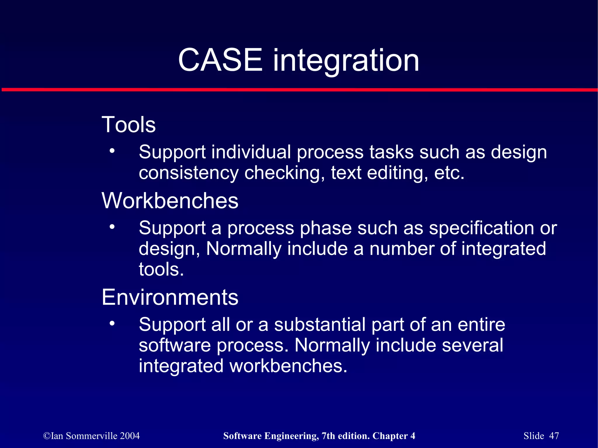 CASE integration
            Tools
              •     Support individual process tasks such as design
                    consistency checking, text editing, etc.
            Workbenches
              •     Support a process phase such as specification or
                    design, Normally include a number of integrated
                    tools.
            Environments
              •     Support all or a substantial part of an entire
                    software process. Normally include several
                    integrated workbenches.


©Ian Sommerville 2004         Software Engineering, 7th edition. Chapter 4   Slide 47
 
