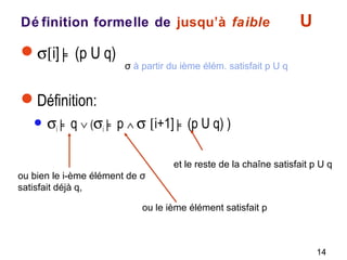 14
Dé finition formelle de jusqu’à faible U
σ[i] ╞ (p U q)
Définition:
 σi ╞ q ∨ (σi ╞ p ∧ σ [i+1] ╞ (p U q) )
σ à partir du ième élém. satisfait p U q
ou bien le i-ème élément de σ
satisfait déjà q,
ou le ième élément satisfait p
et le reste de la chaîne satisfait p U q
 