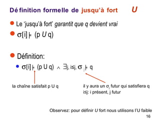16
Dé finition formelle de jusqu’à fort U
Le ‘jusqu’à fort’ garantit que q devient vrai
σ[i] ╞ (p U q)
Définition:
 σ[i] ╞ (p U q) ∧ ∃j, i≤j, σ j ╞ q
la chaîne satisfait p U q il y aura un σj futur qui satisfiera q
i≤j: i présent, j futur
Observez: pour définir U fort nous utilisons l’U faible
 