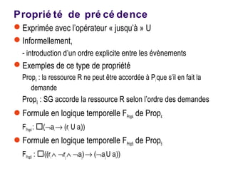 Proprié té de pré cé dence
Exprimée avec l’opérateur « jusqu’à » U
Informellement,
- introduction d’un ordre explicite entre les évènements
Exemples de ce type de propriété
Prop4 : la ressource R ne peut être accordée à Pique s’il en fait la
demande
Prop5 : SG accorde la ressource R selon l’ordre des demandes
Formule en logique temporelle FProp4 de Prop4
FProp4: (¬ai→ (ri U ai))
Formule en logique temporelle FProp5 de Prop5
FProp5 : ((ri∧ ¬rj∧ ¬aj)→ (¬ajU ai))
 