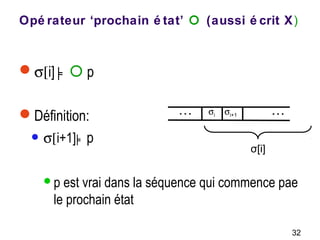 32
Opé rateur ‘prochain é tat’  (aussi é crit X)
σ[i] ╞  p
Définition:
 σ[i+1]╞ p
p est vrai dans la séquence qui commence pae
le prochain état
…… σi σi+1
σ[i]
 