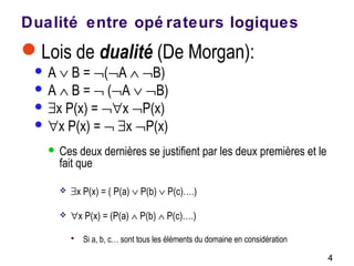 4
Dualité entre opé rateurs logiques
Lois de dualité (De Morgan):
 A ∨ B = ¬(¬A ∧ ¬B)
 A ∧ B = ¬ (¬A ∨ ¬B)
 ∃x P(x) = ¬∀x ¬P(x)
 ∀x P(x) = ¬ ∃x ¬P(x)
 Ces deux dernières se justifient par les deux premières et le
fait que
 ∃x P(x) = ( P(a) ∨ P(b) ∨ P(c)….)
 ∀x P(x) = (P(a) ∧ P(b) ∧ P(c)….)
 Si a, b, c… sont tous les éléments du domaine en considération
 