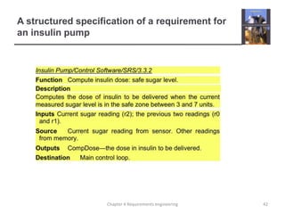 A structured specification of a requirement for
an insulin pump

Chapter 4 Requirements engineering

42

 