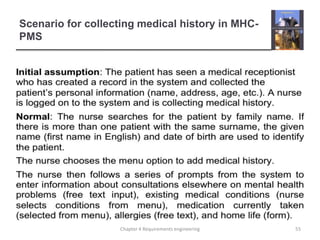 Scenario for collecting medical history in MHCPMS

Chapter 4 Requirements engineering

55

 
