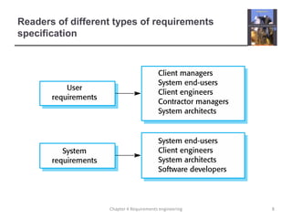 Readers of different types of requirements
specification

Chapter 4 Requirements engineering

8

 