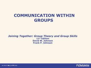 COMMUNICATION WITHIN
GROUPS

Joining Together: Group Theory and Group Skills
11th Edition
David W. Johnson
Frank P. Johnson

 
