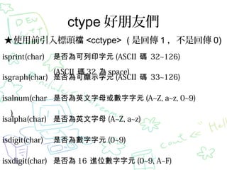 ctype т
ʹǰ^n <cctype> ( ǻ؂ 1 ǻ؂ 0)
isprint(char)

ǷӡԪ (ASCII a 32~126)

(ASCII a 32  space)
isgraph(char) Ƿ@ʾԪ (ASCII a 33~126)
isalnum(char ǷӢĸԪ (A~Z, a~z, 0~9)
)
isalpha(char) ǷӢĸ (A~Z, a~z)
isdigit(char)

Ƿ锵Ԫ (0~9)

isxdigit(char) Ƿ 16 MλԪ (0~9, A~F)

 