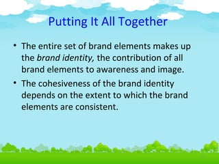 Putting It All Together
• The entire set of brand elements makes up
the brand identity, the contribution of all
brand elements to awareness and image.
• The cohesiveness of the brand identity
depends on the extent to which the brand
elements are consistent.

4.29

 