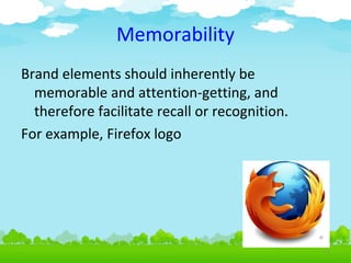 Memorability
Brand elements should inherently be
memorable and attention-getting, and
therefore facilitate recall or recognition.
For example, Firefox logo

4.4

 