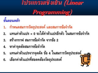 โปรแกรมเชิงเส้น (Linear
Programming)
ขั้นตอนหลัก
1. กำหนดสมกำรวัตถุประสงค์ และสมกำรข้อจำกัด
2. แทนค่ำตัวแปร = 0 จะได้ค่ำตัวแปรอีกตัว ในสมกำรข้อจำกัด
3. สร้ำงกรำฟ สมกำรข้อจำกัด จำกข้อ 2
4. หำค่ำจุดตัดสมกำรข้อจำกัด
5. แทนค่ำตัวแปรจำกจุดตัด ข้อ 4 ในสมกำรวัตถุประสงค์
6. เลือกค่ำตัวแปรที่สอดคล้องวัตถุประสงค์
 