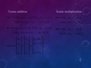 Vector addition Scalar multiplication 
u v   
u u u v v v 
= + + + 
( , , , ) ( , , , ) 
n n 
u v   
u u u v v v 
= + + + 
[ , , , ] [ , , , ] 
n n 
ù 
ú ú ú ú 
û 
u v u v u v 
u v u v u v 
é 
= 
ê ê ê ê 
ë 
ù 
ú ú ú ú 
û 
1 2 1 2 
u 
1 2 1 2 
é 
= 
ê ê ê ê 
1 
ù 
u 
ë 
cu 
1 
cu 
n n cu 
u 
u + 
v 
c c 
  
2 
2 
u 
u = 
c c u u u 
( , , , ) 
u = 
c c u u u 
[ , , , ] 
14 
/10 
7 
( , , , ) 
1 1 2 2 
n n 
+ = + 
 
[ , , , ] 
1 1 2 2 
n n 
+ = + 
 
ú ú ú ú 
û 
é 
ê ê ê ê 
1 1 
u v 
1 
1 
   
ë 
+ 
+ 
= 
ù 
ú ú ú ú 
û 
é 
+ 
ê ê ê ê 
ë 
ù 
ú ú ú ú 
û 
u 
é 
ê ê ê ê 
u 
ë 
+ = 
v 
v 
v 
u v 
n n n n u 
2 2 
2 
2 
u v 
1 2 
 
( , , , ) 
1 2 
n 
n 
cu cu  
cu 
= 
1 2 
 
[ , , , ] 
1 2 
n 
n 
cu cu  
cu 
= 
 