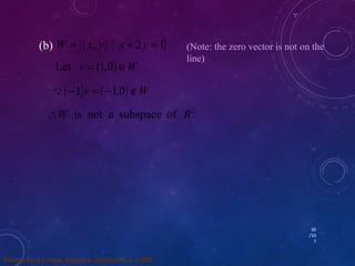 30 
/10 
7 
W = {( x, y) x + 2y =1} 
Let v = (1,0)ÎW 
(-1)v = (-1,0)ÏW 
W is not a subspace of R2 
(b) (Note: the zero vector is not on the 
line) 
Elementary Linear Algebra: Section 4.3, p.203 
 