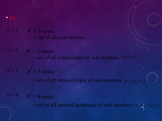 4 
/10 
7 
n = 4 
R4 = 4-space 
= set of all ordered quadruple of real numbers 
(x1, x2 , x3, x4 ) 
R1 = 1-space 
= set of all real number 
n = 1 
n = 2 R2 = 2-space 
= set of all ordered pair of real numbers (x1, x2 ) 
n = 3 R3 = 3-space 
= set of all ordered triple of real numbers (x1, x2 , x3 ) 
 Ex: 
 