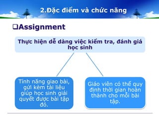 2.Đặc điểm và chức năng 
Assignment 
Thực hiện dễ dàng việc kiểm tra, đánh giá 
học sinh 
Giáo viên có thể quy 
định thời gian hoàn 
thành cho mỗi bài 
tập. 
Tính năng giao bài, 
gửi kèm tài liệu 
giúp học sinh giải 
quyết được bài tập 
đó. 
 
