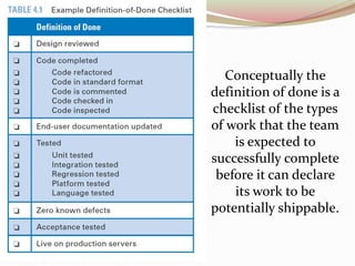 Conceptually the
definition of done is a
checklist of the types
of work that the team
is expected to
successfully complete
before it can declare
its work to be
potentially shippable.
 