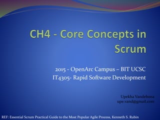 2015 - OpenArc Campus – BIT UCSC
IT4305- Rapid Software Development
Upekha Vandebona
upe.vand@gmail.com
REF: Essential Scrum Practical Guide to the Most Popular Agile Process, Kenneth S. Rubin
 
