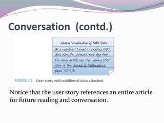 Conversation (contd.)
Notice that the user story references an entire article
for future reading and conversation.
 