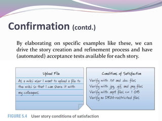 Confirmation (contd.)
By elaborating on specific examples like these, we can
drive the story creation and refinement process and have
(automated) acceptance tests available for each story.
 
