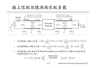 ( ) ( )2 2 20 0oV Z I= −
( ) ( ) ( ) ( ) ( )2 2 2 2 2 2 2 2
2 2
1 1
0 0 0 0 0 0
2 2
o o o
o o
a V Z I Z I Z I
Z Z
= + = − + =      
Two-port
Network
+
1oZ
Port 1
1 1x = l
Port 2
2 2x = l
Port 1'
1 0x =
( )1 0I
Port 2'
2 0x =
−
( )1 0V
( )2 0I
+
−
( )2 2V l
2oZ
( )1 1I l ( )2 2I l
( )1 1V l
+
−
( )2 2a x
( )2 2b x
( )1 1a x
( )1 1b x
+
−
( )2 0V
+
−
1E
1 1oZ Z=
2 2oZ Z=
• x2=0
( ) ( )1 1 1 10 0oV E Z I= −
( ) ( ) ( ) 1
1 1 1 1
1 1
1
0 0 0
2 2
o
o o
E
a V Z I
Z Z
= + =   ( )
2
2 1
1
1
0
4 o
E
a
Z
=• x1=0
Vpp
matched
• E1 (available power) x1=0 (
Z1=Zo1 )
( ) ( )
2
2 1
1 1
1
1
0 0
2 8
AVS
o
E
P P a
Z
+
= = = ( ) ( )
2 2
1 1 1
1 1
0
2 2
a a= l
matched
11/25 Department of Electronic Engineering, NTUT
 