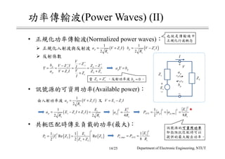 (Power Waves) (II)
( )
1
2
p s
s
a V Z I
R
= + ( )1
2
p s
s
b V Z I
R
∗
= −
LZ
+
−
sE
sZ pa
pb
V
I
+
−
s
p s L s
p s L s
s
V
Zb V Z I Z ZI
Va V Z I Z ZZ
I
∗
∗ ∗−− −
Γ = = = =
+ ++
p pa bΓ =
• (Normalized power waves)
0pb =L sZ Z∗
=
• (Available power)
( )
1
2
p s
s
a V Z I
R
= + s sV E Z I= −
( )
1
2 2
s
p s s s
s s
E
a E Z I Z I
R R
= − + =
2
2
4
s
p
s
E
a
R
=
2
2 2
,
1
2 8
s
AVS p p rms
s
E
P a a
R
= = =
• ( )
{ } { }
2
21 1
Re Re
2 2
s
L L L
s L
E
P I Z Z
Z Z
= =
+
2
,max
1
8
s
L AVS
s
E
P P
R
= =
14/25 Department of Electronic Engineering, NTUT
 