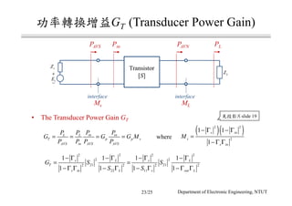 GT (Transducer Power Gain)
• The Transducer Power Gain GT
in inL L
T p p s
AVS in AVS AVS
P PP P
G G G M
P P P P
= = = =
2 2 2 2
2 2
21 212 2 2 2
22 11
1 1 1 1
1 1 1 1
s L s L
T
s in L s out L
G S S
S S
− Γ − Γ − Γ − Γ
= =
− Γ Γ − Γ − Γ − Γ Γ
( )( )2 2
2
1 1
1
s in
s
s in
M
− Γ − Γ
=
− Γ Γ
where
Transistor
[S]+
−
sE
sZ
LZ
PAVNPAVS PLPin
Ms
interface interface
ML
slide 19
23/25 Department of Electronic Engineering, NTUT
 