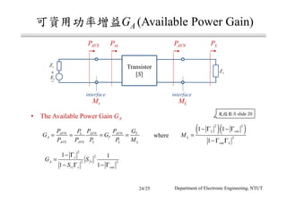 GA (Available Power Gain)
• The Available Power Gain GA
AVN AVN AVNL T
A T
AVS AVS L L L
P P PP G
G G
P P P P M
= = = =
2
2
212 2
11
1 1
1 1
s
A
s out
G S
S
− Γ
=
− Γ − Γ
Transistor
[S]+
−
sE
sZ
LZ
PAVNPAVS PLPin
Ms
interface interface
ML
( )( )2 2
2
1 1
1
L out
L
out L
M
− Γ − Γ
=
− Γ Γ
where
slide 20
24/25 Department of Electronic Engineering, NTUT
 