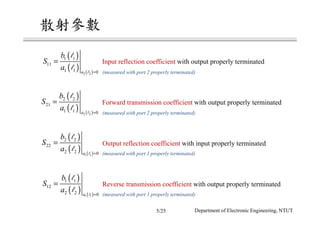 ( )
( ) ( )2 2
1 1
11
1 1 0a
b
S
a =
=
l
l
l
Input reflection coefficient with output properly terminated
( )
( ) ( )1 1
2 2
22
2 2 0a
b
S
a =
=
l
l
l
Output reflection coefficient with input properly terminated
Forward transmission coefficient with output properly terminated
( )
( ) ( )1 1
1 1
12
2 2 0a
b
S
a =
=
l
l
l
Reverse transmission coefficient with output properly terminated
(measured with port 2 properly terminated)
(measured with port 2 properly terminated)
(measured with port 1 properly terminated)
(measured with port 1 properly terminated)
( )
( ) ( )2 2
2 2
21
1 1 0a
b
S
a =
=
l
l
l
5/25 Department of Electronic Engineering, NTUT
 