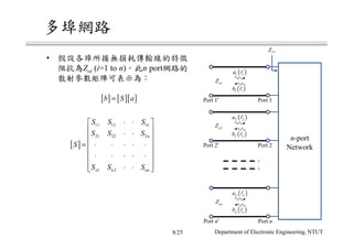 •
Zoi (i=1 to n) n port
[ ] [ ][ ]b S a=
n-port
Network
1oZ
Port 1Port 1'
1TZ
( )1 1a l
( )1 1b l
2oZ
Port 2Port 2'
( )2 2a l
( )2 2b l
onZ
Port nPort n'
( )n na l
( )n nb l
[ ]
11 12 1
21 22 2
1 2
n
n
n n nn
S S S
S S S
S
S S S
⋅ ⋅ 
 ⋅ ⋅ 
 = ⋅ ⋅ ⋅ ⋅ ⋅
 
⋅ ⋅ ⋅ ⋅ ⋅ 
 ⋅ ⋅ 
8/25 Department of Electronic Engineering, NTUT
 