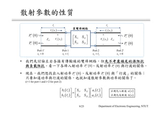 •
•
(i=1 for port 1 and i=2 for port 2)
( )0iP+
( )0iP−
+
1oZ 2oZ
Port 1
1 1x = l
Port 2
2 2x = l
Port 1'
1 0x =
( )1 1I x
Port 2'
2 0x =
2l1l
−
( )1 1V x
( )2 2I x
+
−
( )2 2V x
( )0iP+
( )0iP−
( )0iP+
( )0iP−
11 12
21 22
S S
S S
 
 
 
( )
( )
( )
( )
1 1 1 111 12
2 2 2 221 22
b aS S
b aS S
    
=    
    
l l
l l
( )0iP+
( )0iP−
( )a x
( )b x
9/25 Department of Electronic Engineering, NTUT
 