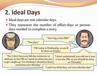 2. Ideal Days
 Ideal days are not calendar days.
 They represent the number of effort-days or person-
days needed to complete a story.
“How big is this PBI?”
“Two days.”
“OK today is Wednesday, so you’ll
be done on Friday.”
“No, I don’t have any full day tomorrow to
dedicate to the PBI as I need an entire day just
to get caught up. I’m thinking I should be done
sometime next Monday.”
“I don’t understand; you told me it was
a two-day PBI, so you should be done
on Thursday.”
“I said two ideal days, not two calendar days”
 
