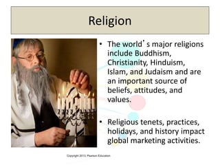 Copyright 2013, Pearson Education
Religion
• The world’s major religions
include Buddhism,
Christianity, Hinduism,
Islam, and Judaism and are
an important source of
beliefs, attitudes, and
values.
• Religious tenets, practices,
holidays, and history impact
global marketing activities.
 