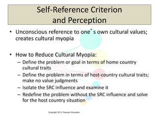 Copyright 2013, Pearson Education
Self-Reference Criterion
and Perception
• Unconscious reference to one’s own cultural values;
creates cultural myopia
• How to Reduce Cultural Myopia:
– Define the problem or goal in terms of home country
cultural traits
– Define the problem in terms of host-country cultural traits;
make no value judgments
– Isolate the SRC influence and examine it
– Redefine the problem without the SRC influence and solve
for the host country situation
 