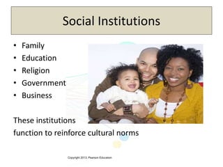 Copyright 2013, Pearson Education
Social Institutions
• Family
• Education
• Religion
• Government
• Business
These institutions
function to reinforce cultural norms
 