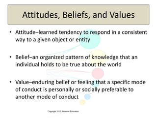 Copyright 2013, Pearson Education
Attitudes, Beliefs, and Values
• Attitude–learned tendency to respond in a consistent
way to a given object or entity
• Belief–an organized pattern of knowledge that an
individual holds to be true about the world
• Value–enduring belief or feeling that a specific mode
of conduct is personally or socially preferable to
another mode of conduct
 