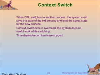 Silberschatz, Galvin and Gagne ©20024.14
Context Switch
When CPU switches to another process, the system must
save the state of the old process and load the saved state
for the new process.
Context-switch time is overhead; the system does no
useful work while switching.
Time dependent on hardware support.
 