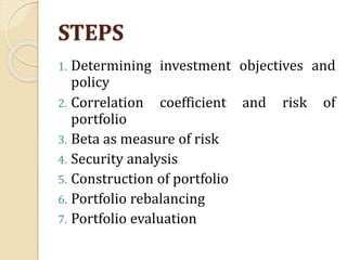 STEPS
1. Determining investment objectives and
policy
2. Correlation coefficient and risk of
portfolio
3. Beta as measure of risk
4. Security analysis
5. Construction of portfolio
6. Portfolio rebalancing
7. Portfolio evaluation
 