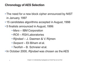 Chapter 4 of Understanding Cryptography by Christof Paar and Jan Pelzl6
•The need for a new block cipher announced by NIST
in January, 1997
•15 candidates algorithms accepted in August, 1998
•5 finalists announced in August, 1999:
•Mars – IBM Corporation
•RC6 – RSA Laboratories
•Rijndael – J. Daemen & V. Rijmen
•Serpent – Eli Biham et al.
•Twofish – B. Schneier etal.
•In October 2000, Rijndael was chosen as the AES
Chronology of AES Selection
 