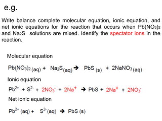 Write balance complete molecular equation, ionic equation, and
net ionic equations for the reaction that occurs when Pb(NO3)2
and Na2S solutions are mixed. Identify the spectator ions in the
reaction.
e.g.
Molecular equation
Ionic equation
Net ionic equation
 
