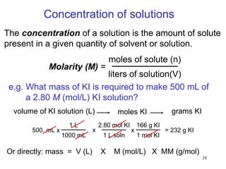 39
Concentration of solutions
The concentration of a solution is the amount of solute
present in a given quantity of solvent or solution.
Molarity (M) =
moles of solute (n)
liters of solution(V)
e.g. What mass of KI is required to make 500 mL of
a 2.80 M (mol/L) KI solution?
volume of KI solution (L) moles KI grams KI
500. mL = 232 g KI
166 g KI
1 mol KI
x
2.80 mol KI
1 L soln
x
1 L
1000 mL
x
Or directly: mass = V (L) X M (mol/L) X MM (g/mol)
 