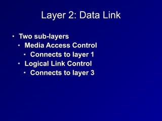 Layer 2: Data Link
• Two sub-layers
• Media Access Control
• Connects to layer 1
• Logical Link Control
• Connects to layer 3
 