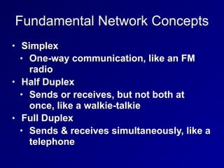 Fundamental Network Concepts
• Simplex
• One-way communication, like an FM
radio
• Half Duplex
• Sends or receives, but not both at
once, like a walkie-talkie
• Full Duplex
• Sends & receives simultaneously, like a
telephone
 