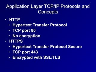 Application Layer TCP/IP Protocols and
Concepts
• HTTP
• Hypertext Transfer Protocol
• TCP port 80
• No encryption
• HTTPS
• Hypertext Transfer Protocol Secure
• TCP port 443
• Encrypted with SSL/TLS
 